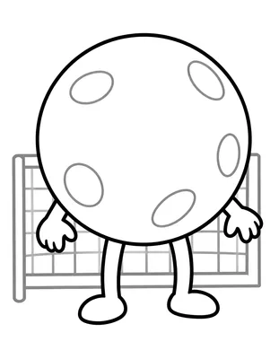 Coloriage d'un grand ballon de handball souriant avec deux petites mains, debout devant une cage de but.