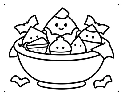 Coloriage d'un grand bol rempli de bonbons emballés et de petits gâteaux, entouré de chauves-souris en papier et de feuilles.