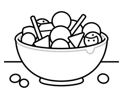 Coloriage d'un bol rempli de bonbons emballés et de sucettes posé sur une table.