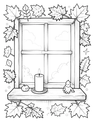 Coloriage d'une bougie posée sur un rebord de fenêtre entourée de feuilles d'automne et de petits fruits