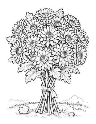 Coloriage d'un bouquet de chrysanthèmes aux nombreuses pétales fines, noué d'un ruban, posé sur un sol d'automne avec des feuilles mortes.