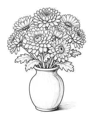 Coloriage d'un bouquet de chrysanthèmes aux pétales détaillés disposé dans un vase simple.