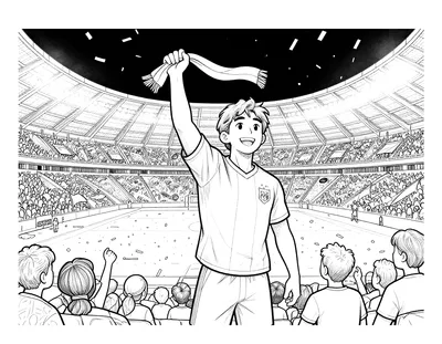 Coloriage d'un jeune capitaine de football qui lève son écharpe devant la foule d'un stade illuminé la nuit.