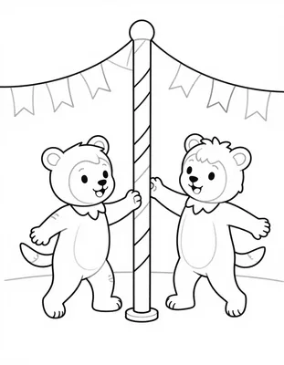 Coloriage de deux enfants en costume d'ours qui dansent autour d'un mât décoré de rubans pour le Carnaval.