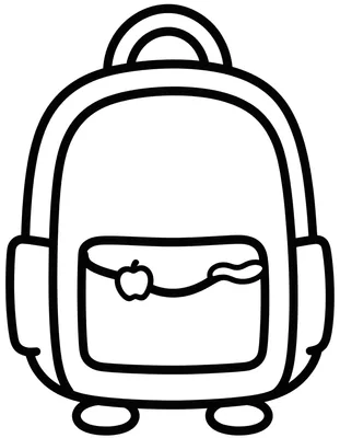 Coloriage d'un grand cartable d'école avec deux bretelles, un rabat arrondi et une petite pomme qui dépasse de la poche avant.