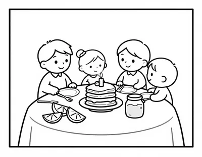 Coloriage d'une famille attablée devant une pile de crêpes avec des quartiers de citron, un pot de confiture et une bougie allumée pour la Chandeleur.
