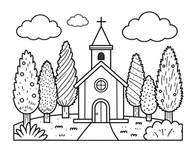 Coloriage d'une chapelle avec un clocher et une croix, entourée de cyprès et de nuages.