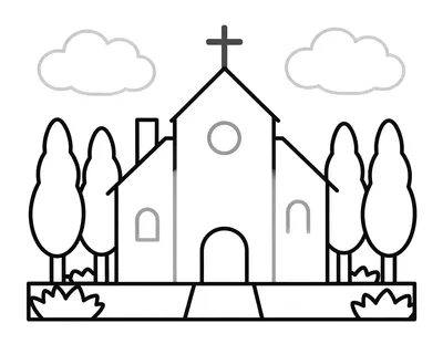Coloriage d'une petite chapelle avec un clocher et une croix, entourée de cyprès et de feuilles tombées sous un ciel nuageux.