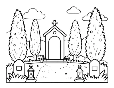 Coloriage d'un jardin de cimetière calme avec une petite chapelle, des cyprès, deux lanternes et des pierres tombales.