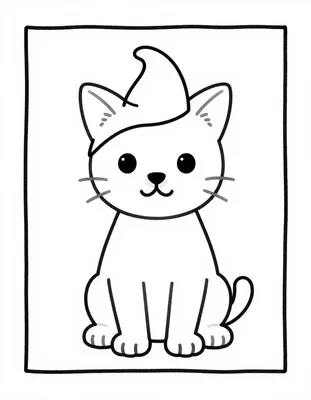 Coloriage d'un chat noir mignon assis, coiffé d'un chapeau de sorcière pointu.