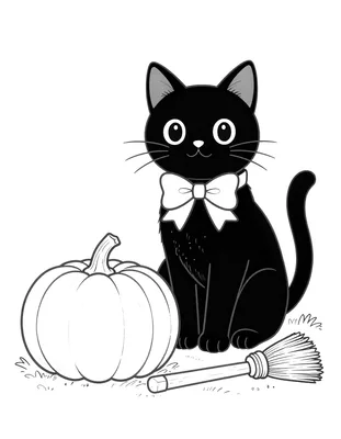 Coloriage d'un chat noir portant un grand noeud papillon, assis près d'une citrouille et d'un petit balai.