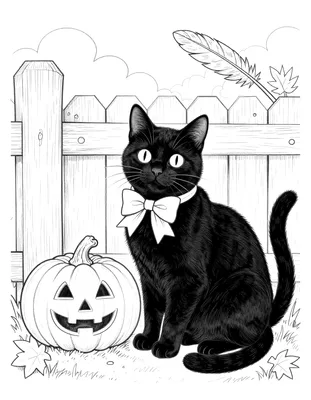 Coloriage d'un chat noir portant un nœud papillon, assis sur une palissade en bois à côté d'une citrouille lanternée d'Halloween.