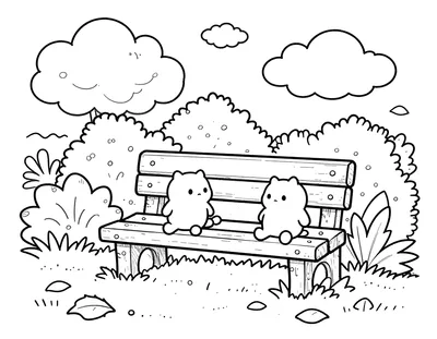 Coloriage d'un banc de pierre dans un jardin d'automne avec deux petits chats assis et des feuilles tombées