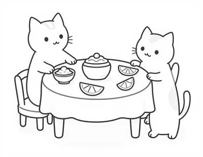 Coloriage de deux chats autour d'une table ronde garnie de crêpes, de quartiers de citron et d'un pot de sucre.
