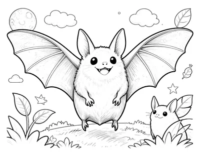 Coloriage d'une chauve-souris souriante aux ailes déployées volant devant une lune ronde, avec une deuxième chauve-souris cachée dans les herbes.