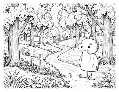 Coloriage d'un chemin sinueux en forêt d'automne, avec un petit personnage rond, une croix en pierre et des fleurs au premier plan.