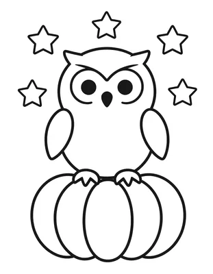 Coloriage d'une chouette aux grands yeux ronds perchée sur une citrouille, entourée d'étoiles dans un ciel nocturne.
