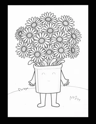 Coloriage d'un pot de chrysanthèmes au visage souriant, posé sur une tombe fleurie.