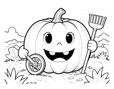 Coloriage d'une grosse citrouille souriante tenant une brouette et un râteau dans un potager d'automne.