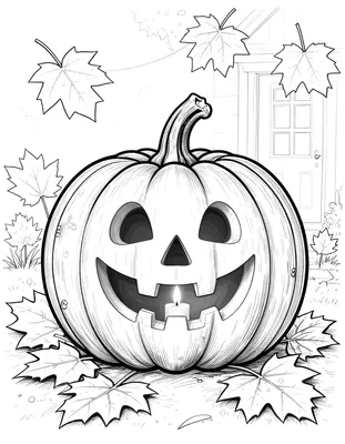 Coloriage d'une citrouille d'Halloween souriante avec une bougie allumée à l'intérieur, posée devant une porte entourée de feuilles d'automne.