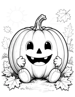Coloriage d'une citrouille sculptée souriante assise sur un perron, entourée de feuilles d'automne et d'un soleil timide.