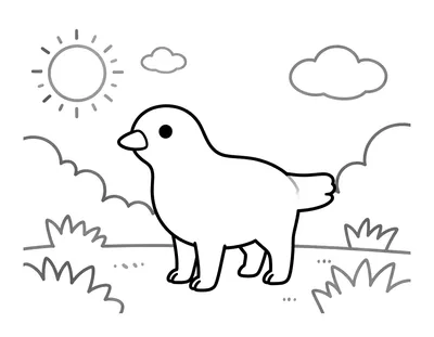 Coloriage d'une colombe blanche debout dans un jardin, entourée d'herbe, sous un soleil et des nuages.
