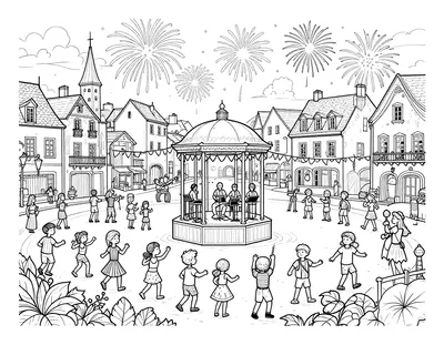 Coloriage d'une place de village le soir du 14 juillet, avec kiosque à musique, guirlandes, familles qui dansent et feux d'artifice.
