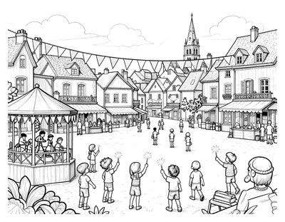 Coloriage d'une place de village français décorée de guirlandes et de drapeaux pour le 14 juillet, avec un kiosque à musique, des enfants tenant des cierges magiques et un clocher au loin.