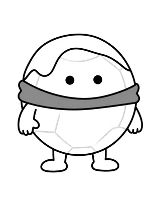 Coloriage d'un gros ballon de football souriant portant une écharpe jaune et rouge, posé sur l'herbe.
