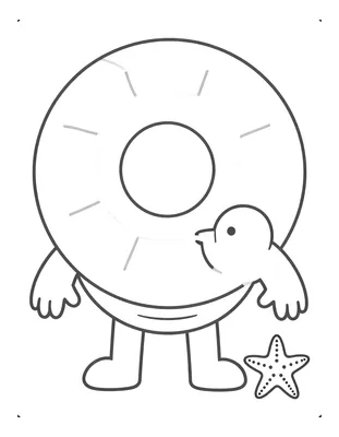 Coloriage d'un grand ballon de football avec une écharpe nouée en cercle, une petite mouette et une étoile de mer à côté.