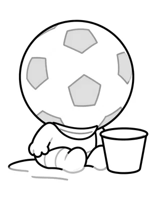 Coloriage d'un grand ballon de football avec une écharpe rayée posé sur le sable à côté d'un seau et d'une pelle.