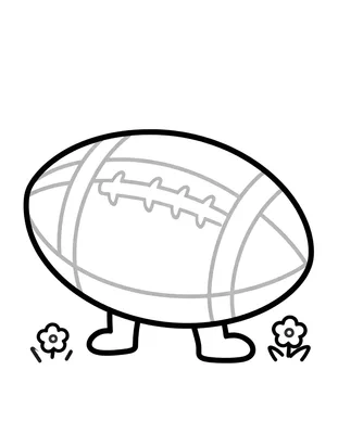 Coloriage d'un gros ballon de rugby ovale posé sur l'herbe avec deux petites fleurs.