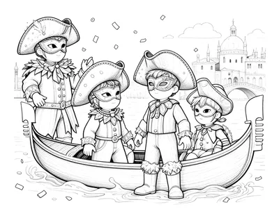 Coloriage d'enfants masqués en costumes de carnaval dans une gondole devant Venise, avec confettis et pont en arrière-plan.