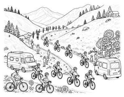 Coloriage d'un peloton de cyclistes grimpant une route de montagne sinueuse, entouré de spectateurs, de camping-cars et de tournesols.