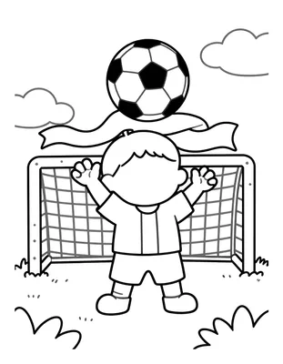Coloriage d'un enfant les bras levés tenant une écharpe devant un ballon de football et une cage, sur un terrain herbeux