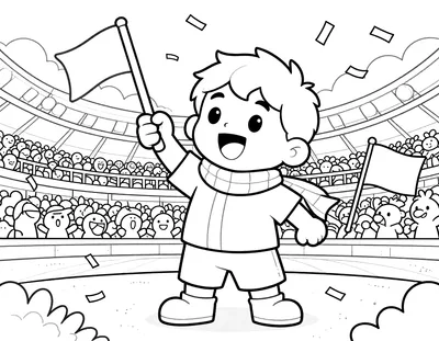 Coloriage d'un enfant souriant qui lève un drapeau et un maillot à bande verticale pour fêter un but dans un stade rempli de supporters.