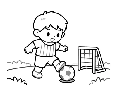 Coloriage d'un enfant en maillot rayé et écharpe qui dribble un ballon devant un but sur un petit terrain de football.