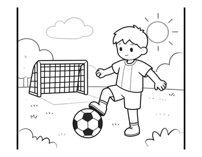 Coloriage d'un enfant en tenue de football qui frappe un ballon vers une cage, avec des arbres et un soleil en arrière-plan.