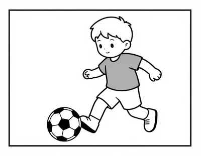 Coloriage d'un enfant en tenue de football qui dribble un ballon sur un petit terrain de jardin.