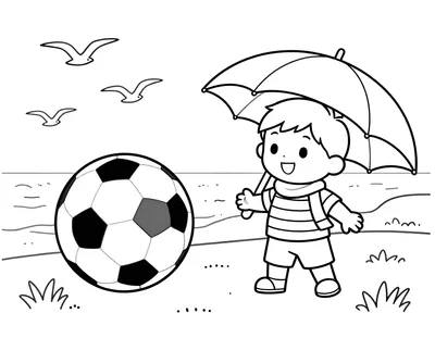 Coloriage d'un enfant en maillot rayé qui jongle avec un ballon de football sur une plage, avec un parasol et des mouettes.
