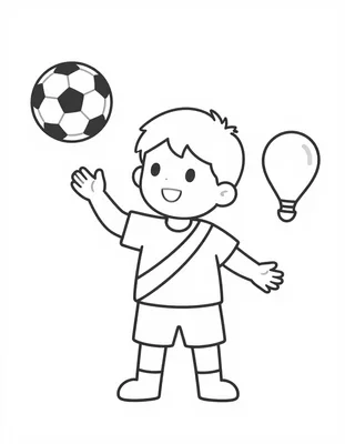 Coloriage d'un enfant souriant en tenue de football avec un ballon posé sur son genou.