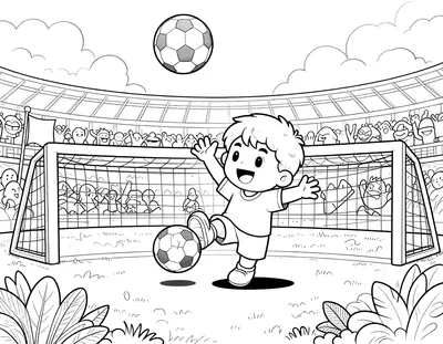 Coloriage d'un enfant qui frappe un ballon vers la cage d'un but dans un stade rempli de spectateurs et de drapeaux.