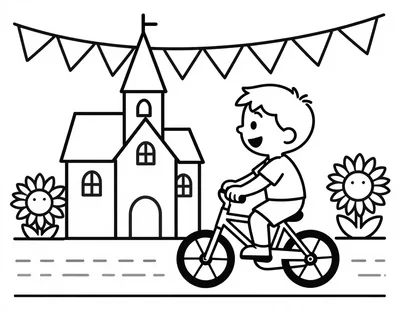 Coloriage d'un enfant souriant à vélo qui passe devant une église de village décorée de fanions, avec des tournesols de chaque côté.