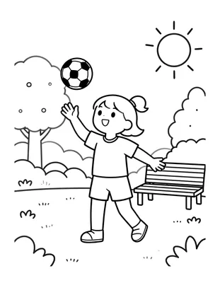 Coloriage d'une fille en tenue de football qui jongle avec un ballon dans un parc, avec un banc, des arbres et un soleil.