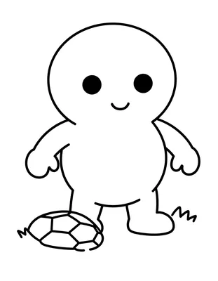 Coloriage d'un grand ballon de football posé sur l'herbe à côté d'une écharpe pliée, avec un petit personnage souriant.