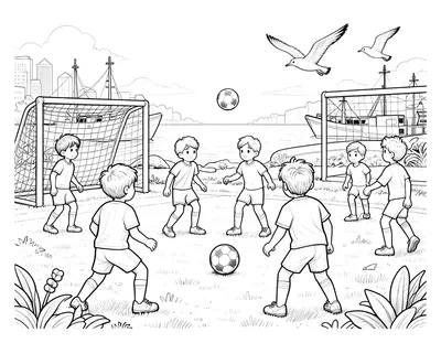 Coloriage d'enfants jouant au football sur un terrain côtier au coucher du soleil, avec buts, ballon en l'air, mouettes et bateaux de pêche en arrière-plan.