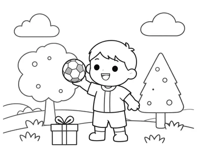 Coloriage d'un enfant souriant tenant un ballon de football, un cadeau ouvert à ses pieds, un arbre et un sapin autour de lui.