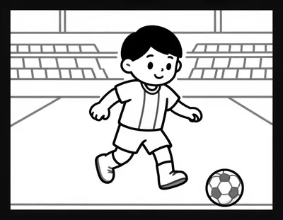 Coloriage d'un jeune joueur de football en maillot qui dribble un ballon sur la pelouse d'un stade.