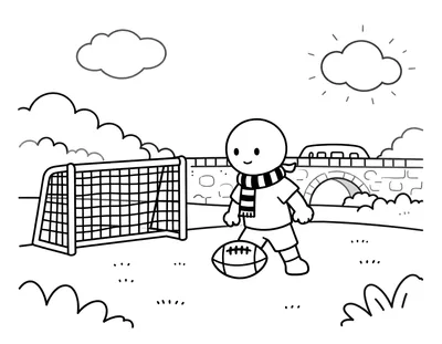 Coloriage d'un enfant en maillot rayé et écharpe qui contrôle un ballon de football sur un petit terrain avec but, drapeaux de corner et pont de pierre en arrière-plan.