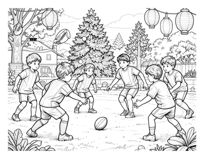 Coloriage de six enfants en maillot jouant au football sur un terrain enneigé, entourés d'un sapin décoré et de lanternes en papier.